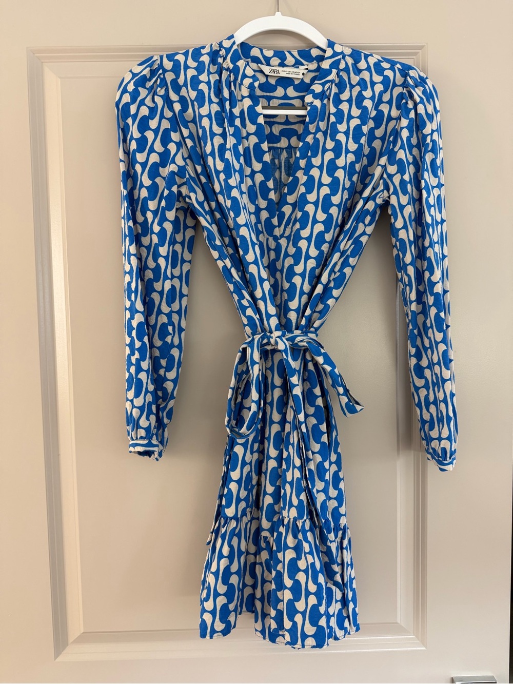 Zara Blue & White Printed Tie-Waist Mini Dress